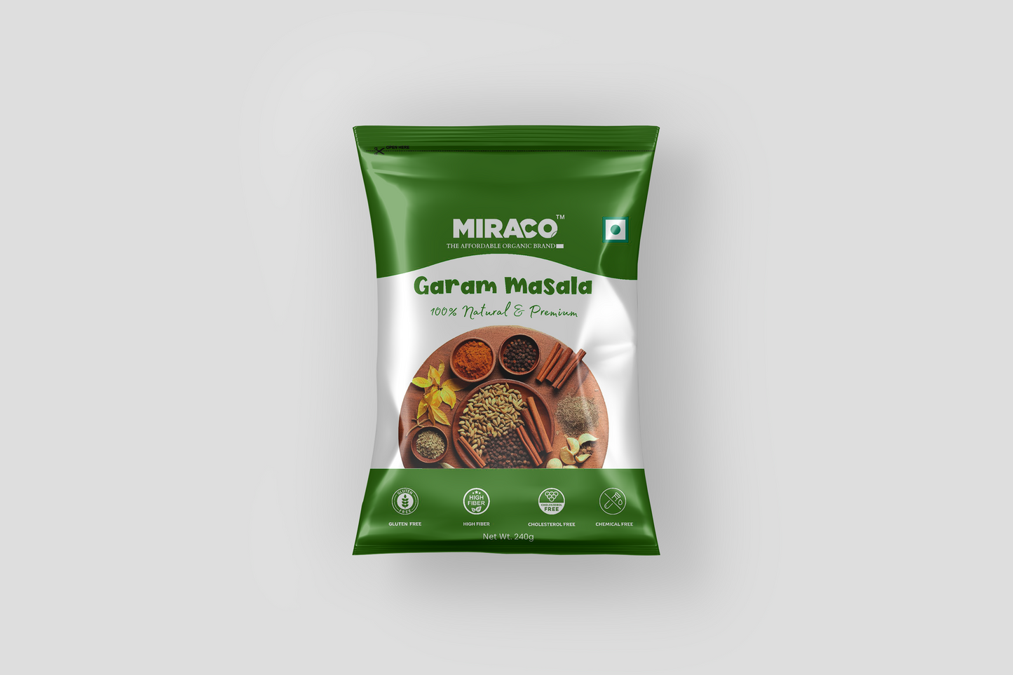 Green package of Miraco Garam Masala on a white background